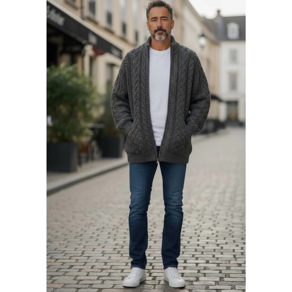 Blarney Woollen Mills Aran Cardigan Men’s L Charcoal Gray Wool Full Zip Ireland